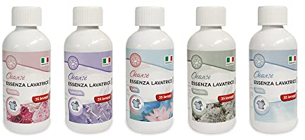 Profumatore Bucato Lavatrice, Essenza per Bucato, Profuma Biancheria, 250 ml, Set da 5, Delicato sui Tessuti, Concentrato, Made in Italy, Neutralizza gli Odori, Non Lascia Residui, Fragranze Assortite