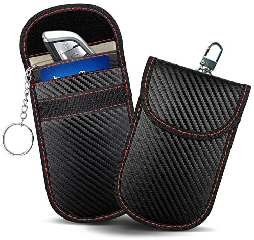 2 Stück Faraday Tasche mit Schlüsselanhänger Schlüsselloser Zugang Autoschlüssel Kohlefaser Leder Signalblocker Beutel für Autoschlüssel Diebstahlschutz und RFID Faraday-Box Signalblocker