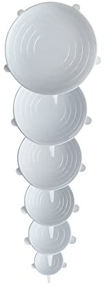 pandoo 6er Set Wiederverwendbare Silikondeckel | Dehnbare Silikondeckel-Set | Stretch Deckel | BPA-frei | Universelle Mehrweg-Silikon Abdeckung für Schüsseln, Töpfe, Lebensmittel, Becher | (Weiß)
