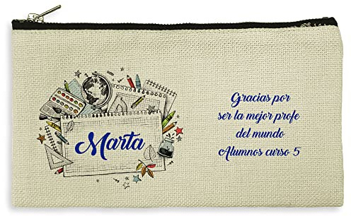 LolaPix Neceser Mujer Personalizado. Estuche Maquillaje. Neceser Viaje. Estuche lapices. Regalo Profesora Primaria. Tejido Tipo Lino. 11.5 x 22.5 cm. Varios diseños. Neceser Tela. Mundo PROFE