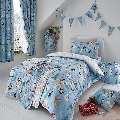 Happy Linen Company Girls Boys Kids Festive Arctic Snow Friends Blue Toddler Cot Bed Reversible Duvet Cover Bedding Set