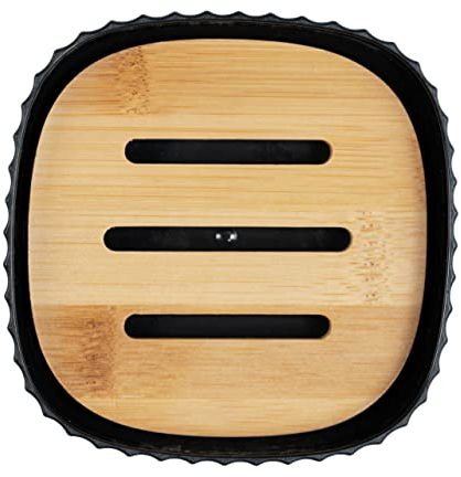 WENKO Porte-savon Rotello, coupelle à savon en plastique haute qualité avec détail naturel en bambou pour le rangement de savons solides, (l x h x p) : 10,6 x 2,1 x 10,6 cm, noir/couleur naturelle