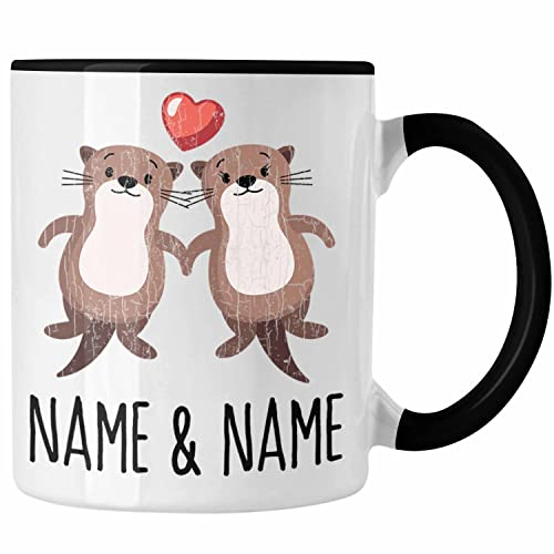 Trendation - Personalisierte Paar Tasse Freundin Geschenk zum Valentinstag Otter Liebe Paare Geschenkidee Liebeserklärung Wunschnamen (Schwarz)