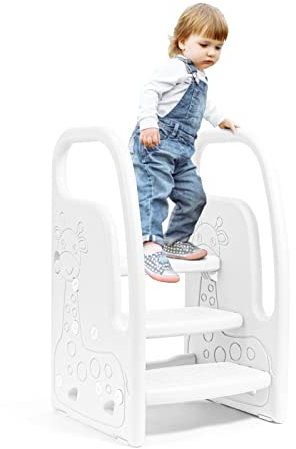 Leogreen Kinder Tritthocker, 3 Stufiger Trittschemel, Höhenverstellbar, mit Zwei-Armlehnen, Kinderschemel aus Kunststoff, für Kinderzimmer, Küche und Badezimmer (Weiß)