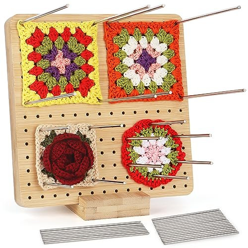 Aeeque Bambus Sperrbrett für Granny Square, Granny Square Spanner Häkeln, Blockierbretter Sperrbrett Häkeln Holz mit 24 pcs Edelstahl-Stabstiften, Handcrafted Blocking Board für Granny Square 19,5 cm