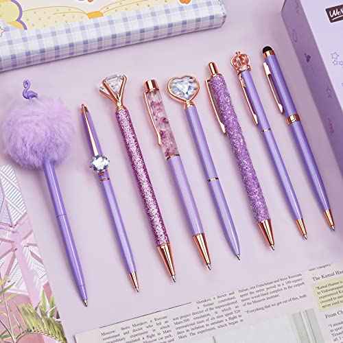 WEMATE 8-teiliges Kugelschreiber-Set, lila Stifte-Set, lila Kugelschreiber, Bling in Schwarz und Blau, Metall-Kristall-Diamant-Stift für Journaling, Geschenke für Frauen, Hochzeit, Büro