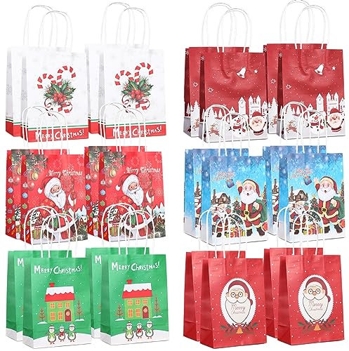 24PCS Weihnachtsgeschenktaschen 6 verschiedene Arten Taschen kraftpapiertaschen mit Griffen Weihnachts Taschen mit Weihnachtsdrucken für Weihnachtsgeschenkverpackung Weihnachtsfeierzubehör