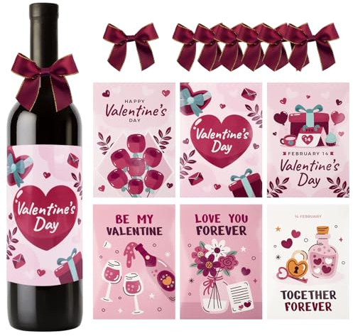 BOFUNX 6pcs Etichette per Vino Valentine Etichette per Bottiglie Valentine Etichette Adesive per Bottiglia di Vino Valentine con Fiocco per Vino Rosso Champagne Spumante