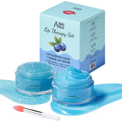 ANAiRUi 2 in1 Lip Scrub and Balm Set, Blueberry Overnight Lip Mask, Suger Lip Scrub Exfoliator and Lip Sleeping Mask for Repairs Dry Cracked Lips, Lip Care Gift Set for Lover
