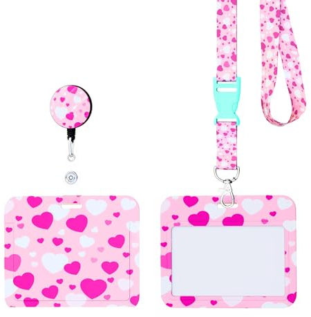 Nurse By Aqos | Ausweishülle Mit Band - kartenhülle mit band -Lanyard mit kartenhülle - fahrkartenhülle - schlüsselband mit kartenhülle - Badge - Ausweishülle mit Band Ausziehbar (Rosa Herzen)