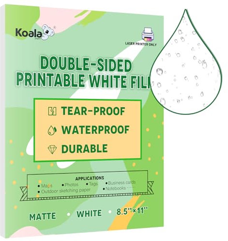 Koala Wasserdichtes Papier für Laserdrucker, reißfestes Druckerpapier, matt, doppelseitig, bedruckbar, weiße Folie, 21,6 x 27,9 cm, 60 Blatt zum Drucken von Rucksackkarten