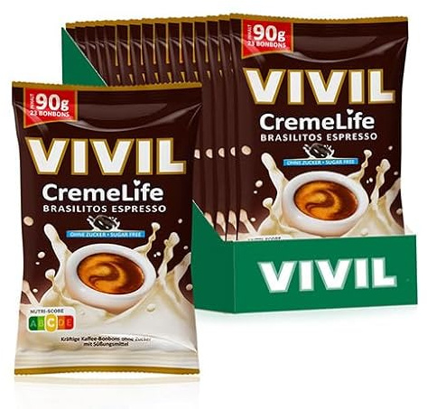 VIVIL Creme Life Brasilitos Espresso, zuckerfreie Sahnebonbons, 15 x 90 g | Cremiger Genuss mit echter Schlagsahne, Familienpackung für Zuhause und Büro