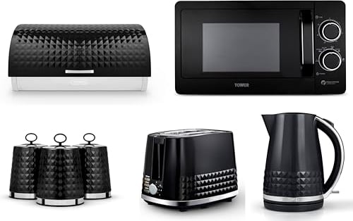 Tower Solitaire Black 1.5L 3KW Jug Kettle, 2 Slice Toaster, T24042BLK 800W 20L Manual Microwave, Bread Bin & Canisters. Modern Matching Kitchen Set of 7 in Black