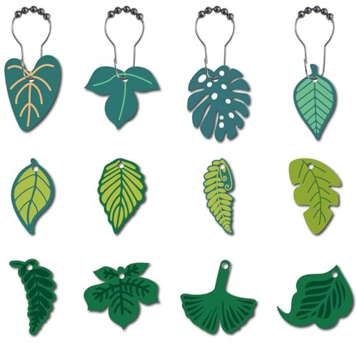 CREATCABIN 12Pcs 12Styles Shower Curtain Hooks Rings Wood Leaf Curtain Hooks Green Ginkgo Leaf Metal Shower Hooks Curtain Rings with Stainless Steel Chain for Bathroom Shower Rods Hangers Decoration