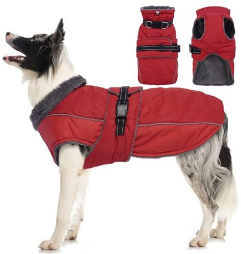 Katzinst Hundemantel, Hunde Wintermantel mit Reflektierenden Streifen, wasserdichte Hundemantel für Mittelgroße und Große Hunde, Warmer Mantel für Labrador Dobermann,Rot,2XL