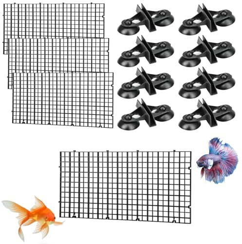 Helweet Aquarium Trennwand, Trennwand für Aquarien, Fisch Tank Teiler, 4 Stück Aquariumgitter aus Kunststoff, Trennen Sie Effektiv Verschiedene Fische, 30 x 15cm, mit 8 Aquarium Divider Saugnap