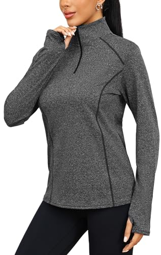 Terecey UPF 50+ UV T-Shirt Damen Atmungsaktiv Sportshirt 1/4 Zip Trainingsshirt Wandershirt mit Daumenloch -Sonnenschutz Sport Funktionsshirt Rash Guard fur Yoga Surf Golf, Schiefer Grau M