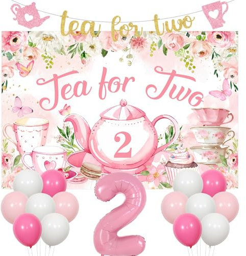 Sursurprise Tea Party Decorations for Girls, Tea for Two Backdrop, Teapot Teacup Banner, Number 2, Floral Butterfly Afternoon Tea 2nd Birthday Party Supplies