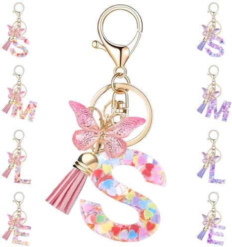 Porte Clef Avec Lettre Initiale Papillon S, Rose Porte Clé Femme Alphabet Porte Clef Voiture Lettre S Personnalisé Pour Femmes Filles Portefeuilles Sac à Main Charme Sac à Main Sac à Dos Charmes