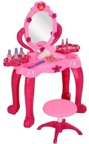 AIYAPLAY Tavolino da toilette per bambini da 3 a 6 anni set tavolino da toilette e sgabello con specchio 15 PCS, tavolino da trucco con luce, musica, asciugacapelli, rosa
