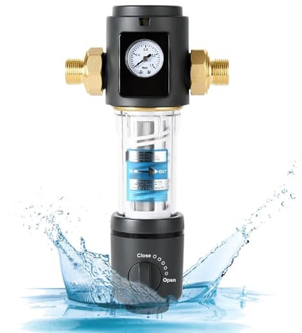 Rückspülfilter mit Manometer, Wasserfilter Hausanschluss 1/2 Zoll Hauswasserfilter Wasserfilter Wiederverwendbare Filtrationsgenauigkeit 40 Mikron Exportfluss 1.5-30 Bar Messing