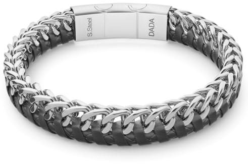Dada Gioielli - Bracciale Uomo Acciaio Inox e Vera Pelle Impermeabile Blu, Nero o Marrone, Idea Regalo Compleanno lunghezza regolabile (Nero)