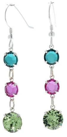 pewterhooter Women 925 Sterling Silver Crystal Drop Earrings (Peridot, Fuchsia and Emerald)