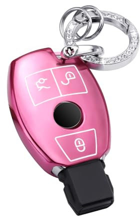BLINGOOSE Schlüssel Hülle für Mercedes Benz 3 Tasten Rosa Glitzer Auto Schlüsselanhänger Zubehör Schlüsselhülle Schutz Cover für Benz AMG GLC GLA CLA GLS GLE GLC C 300 G E S ML Klasse Damen Girly TPU