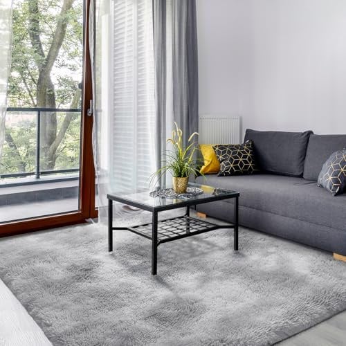 SOANNY Hochflor Wohnzimmer Teppich, Waschbar Anti-Rutsch & Flauschig, Groß Tie-Dye Langflor Shaggy Teppich für Schlafzimmer & Kinderzimmer, Bettvorleger Matte, 200 x 300 cm, Hellgrau