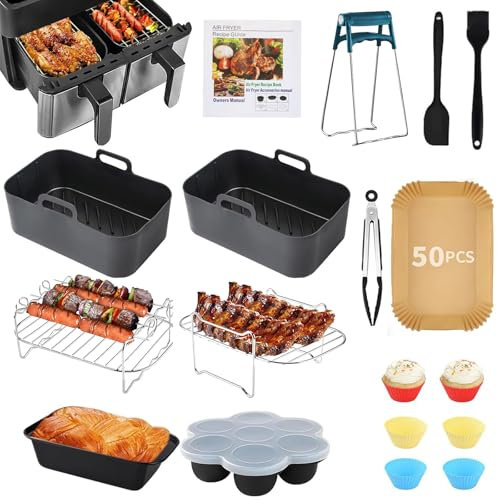 Heißluftfritteuse Zubehör für Ninja Foodi Max Dual Zone Heißluftfritteuse AF400EU AF300EU 7.6L-9.5L, Airfryer Zubehör Einschließlich BPA-Frei Silikonform Zubehör, Grillrost, Backform, etc