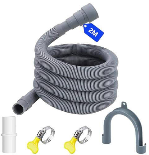 UZSUZZ Ablaufschlauch Verlängerung 2m, Ablaufschlauch Waschmaschine mit Bügel Verbinder und Schlauchschellen, Erweiterbar Schlauch Universal für Waschmaschine Geschirrspüler(1.5/2 m)