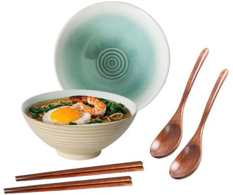 Ceraozmus 2X Ramen Bowl Ceramic - 1200ml - 20 cm - with Spoon and Chopsticks for Ramen Soup Pho Udon Asian Noodles, Large Noodle Bowls (White Glaze 2 Set)