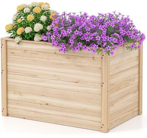 COSTWAY Erhöhtes Hochbeet Holz, Gartenbeet tief, Pflanzkasten mit offenem Boden, für Balkon Garten Terrasse, Pflanzenbeet rechteckig, Kräuterbeet Pflanzkasten, Massivholz, 100 x 64 x 65,5 cm, Natur