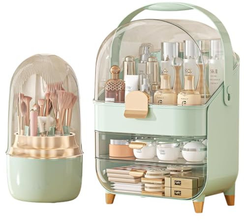 RYDR Multi-Purpose Makeup Organiser Case with Rotating Brush Holder - Dustproof Cosmetic Storage Box for Skincare Products, Jewellery, Perfumes, Lipstick for Bedroom Bathroom Countertop (Green/Gold)