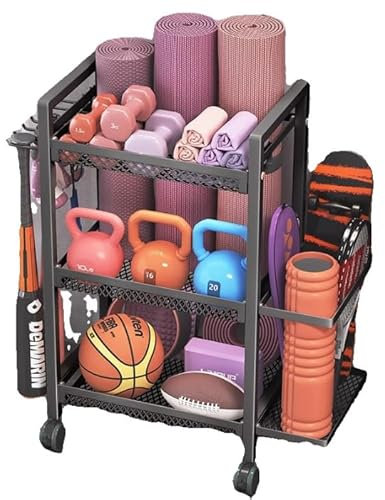 Comprehensive Home Gym Storage Rack with Dedicated Yoga Mat Holder and Dumbbell Organiser Sections for Fitness Equipment Like Kettlebells Yoga Blocks