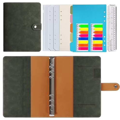 HotKrump Leder Notizbuch Binder A5,PU Leder Nachfüllbares Tagebuch Karierte Papier Echtleder Innentaschen für Reisearbeit und Organizer (Gepunktetes, Olivgrün)
