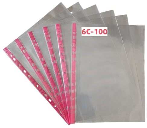 PUTOAHAO 100 Stück Klarsichthüllen A4 Glasklar,DINA4 Prospekthüllen aus PP(0.06 mm,60 My,60µ,60 micron),11 Loch Perforationen Klarsichtfolien A4 für Broschüren,Ordner,Dokumente (Rot Seite,6C-100)