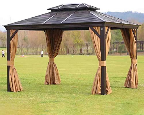 Gazebo en Polycarbonate, auvent à Double Toit, pergola d'extérieur à Cadre en Aluminium, pavillon Permanent de 10 x 10 Pieds avec Filet et Rideaux