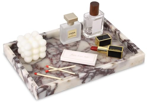 Marble Bathroom Vanity Tray, Natural Luxury Vanity Home Kitchen Bathroom Table Tray, Stone Decorative Countertop Dresser Trays for Key Coffee Perfume Jewelry Makeup (Calacatta Viola, 12x 8 x1.2)