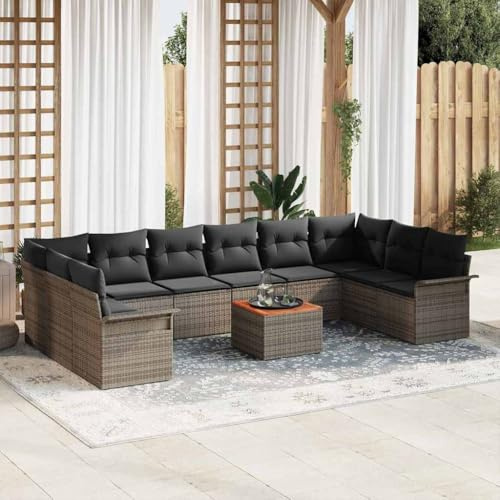 QJBSAVVA 11-TLG. Garten-Sofa-Set Grau Poly-Rattan 55x55x37 cm, modular, mit Stauraum und Tisch, Outdoor-Terrasse Balkon