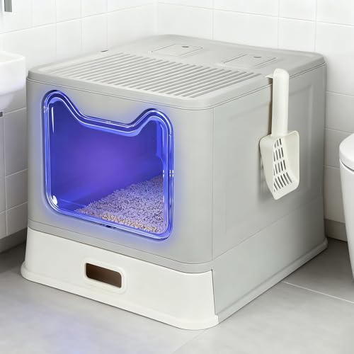 XXL Bac à litière pour Chat en Acier Inoxydable,Maison de Toilette pour Gros Chats,Double entrée,Haut côté, Anti-Fuite,avec Couvercle+Pelle+1 Charbon Actif,Litiere Chat Autonettoyante
