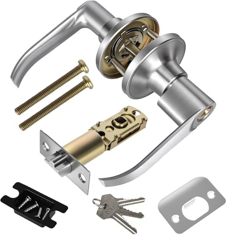 elthmpr Door Handle Lock with Keys - Privacy Door Handles Internal Locks for Bedroom Doors, Stainless Steel Door Safety Lock Set Silver for Bathroom Kitchen Office Passage