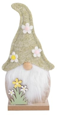 Dekofigur Wichtel 20cm Filz Holz - Osterdeko Zwerg mit Blumenhut und weißem Bart - Frühlingsdeko für Fensterbank, Tisch & Kommode - Frühjahrsdekoration Dekowichtel - Grün Weiß