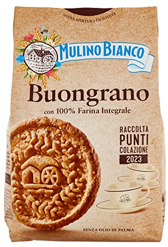 Mulino Bianco Biscotti Buongrano con 100% Farina Integrale, Colazione Ricca di Fibre e Gusto - 350 gr