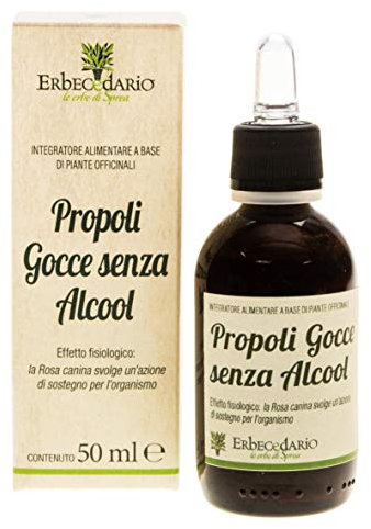 Propoli Gocce Senza Alcool Erbecedario, Rimedio Naturale Con Rosa Canina Analcolico Adatto Ai Bambini Per Benessere Gola E Cavo Orale, 1 Flacone Da 50ml
