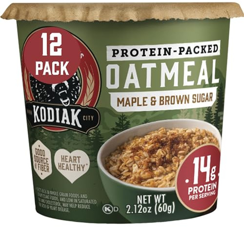 Kodiak Cakes Maple & Brown Sugar Protein Oatmeal in a Cup, Instant Porridge Pot, 100% Whole Grain Rolled Oats, 14 g of protein per cup, 2.12oz (Pack of 12)