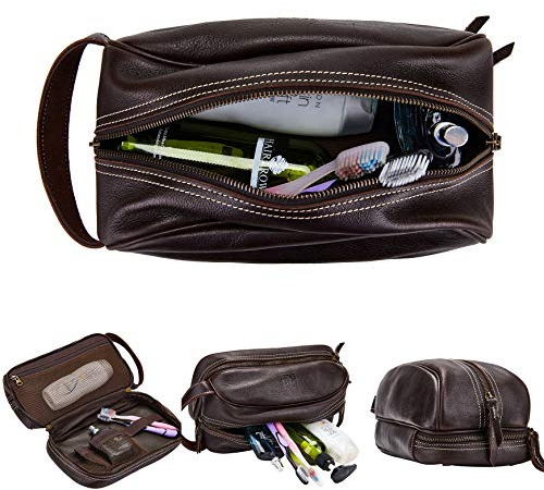 Kulturbeutel aus Leder Premium Kulturtasche Vintage Kosmetiktasche Herren Damen (Braun)