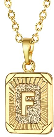 FOCALOOK Anhänger Halskette mit Anfangsbuchstabe F für Frauen Mädchen Rechteck Initiale Tag 50cm Rolokette 18k vergoldet Modeschmcuk für Geburtstag Jahrestag