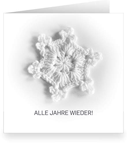 Kartenkaufrausch Zauberhafte Foto Weihnachtskarte (quadratisch, 15,5x15,5cm mit Umschlag) mit großem Häkel Stern auf weiß: Alle Jahre wieder!. - große XL Klapp-Karte geschäftlich & privat