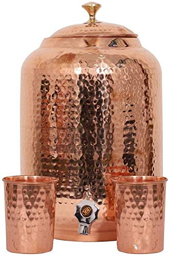 Handicraft-World Indian Handmade Hand Hammered Pure Copper Water Dispenser Pot 4 Liter Ayurveda Healing Water Storage Tank Copper Bottle Mug Pitcher With 2 Hammered Glasses (5 Liter)